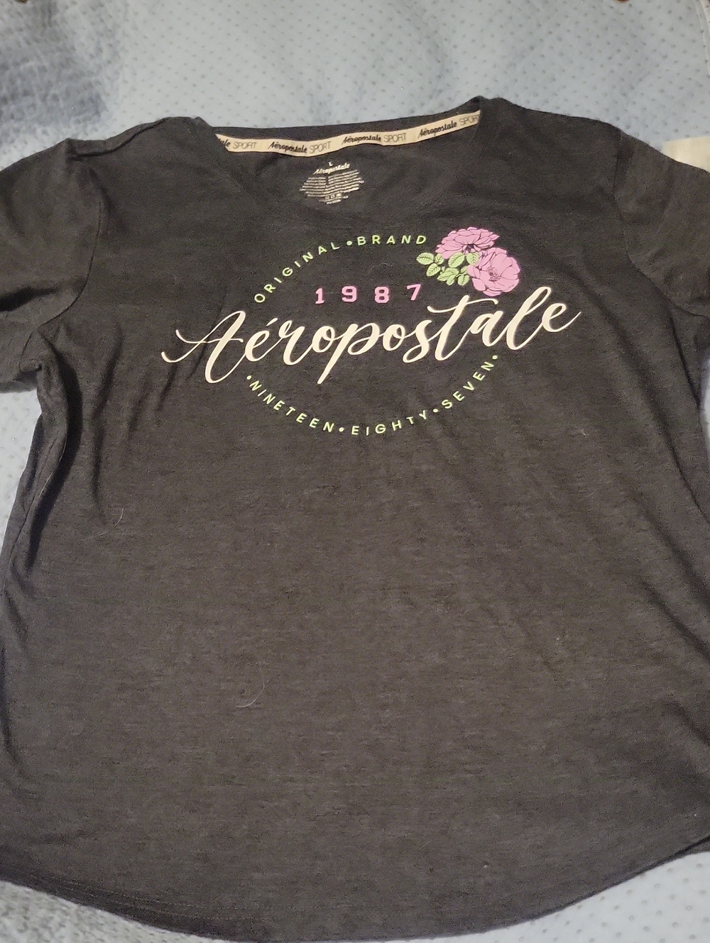 Aeropostale Black Short Sleeve Tee with Pink Floral Accent